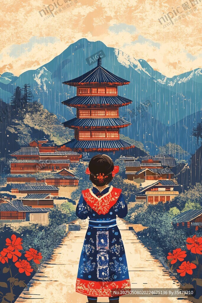 女孩著古裝眺望古樓山色
