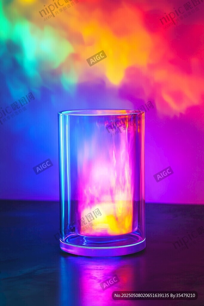 彩色光線下的透明玻璃杯