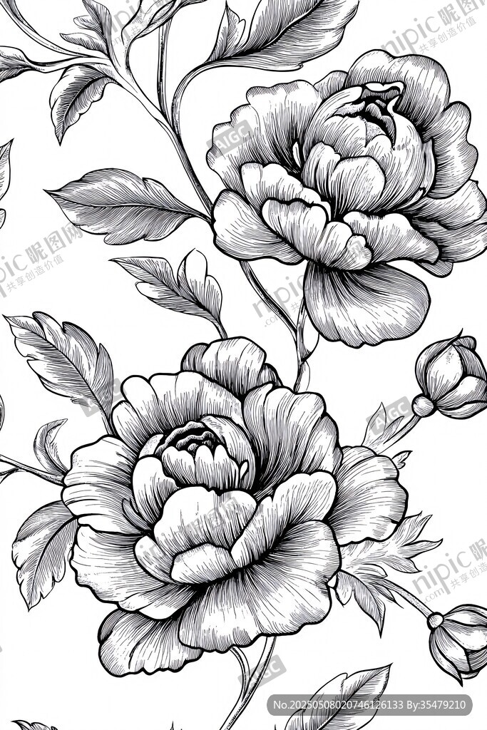 黑白花卉圖案手繪插畫