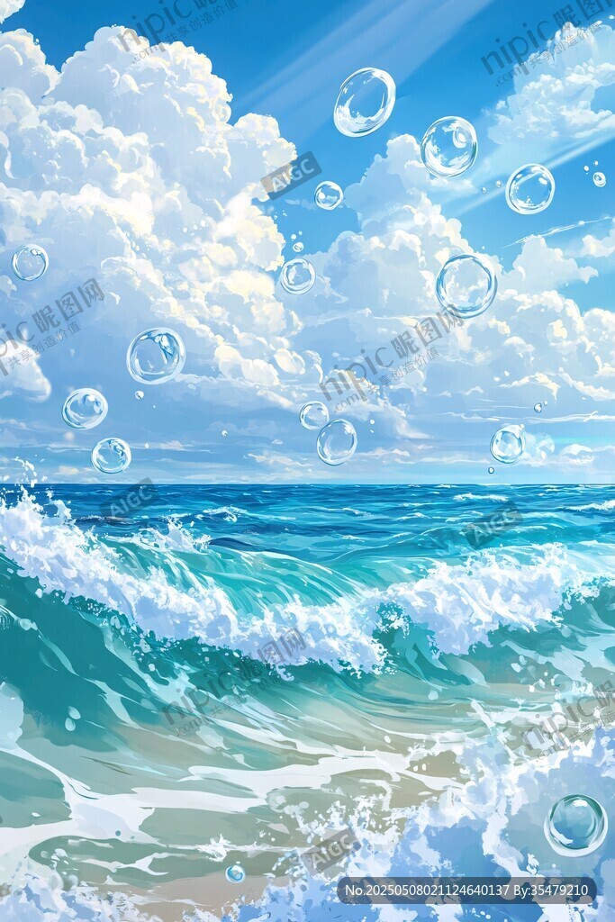 海浪翻涌天空飄滿夢幻泡泡