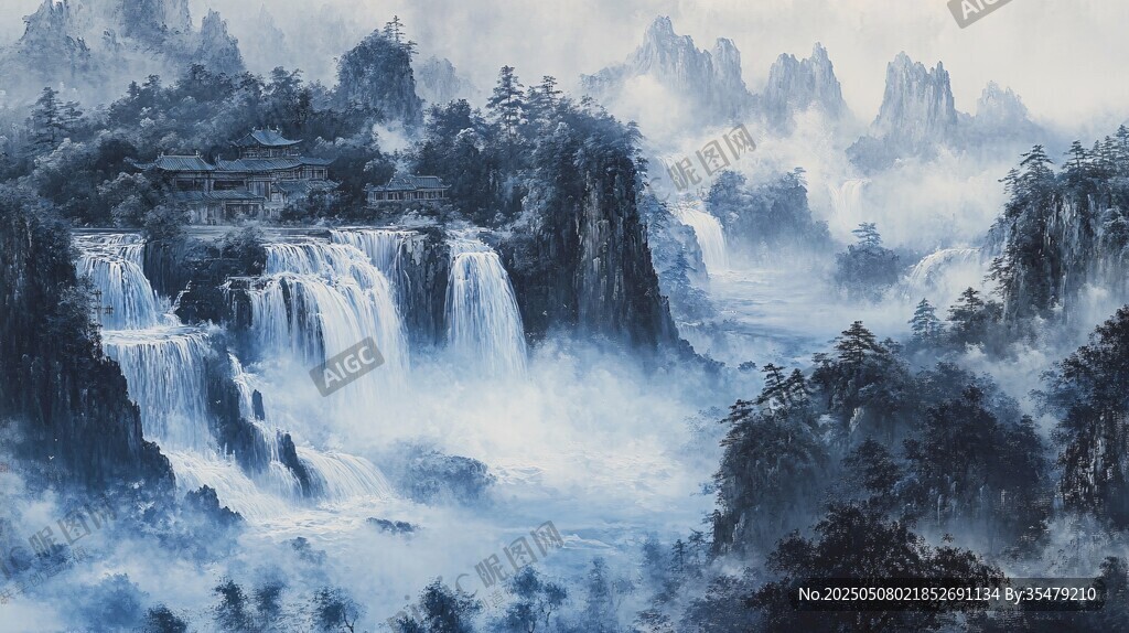 水墨山水瀑布壯麗圖景