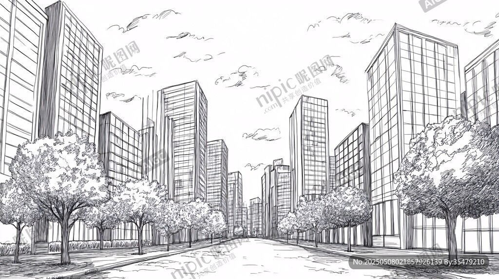 城市街道建筑黑白線條畫