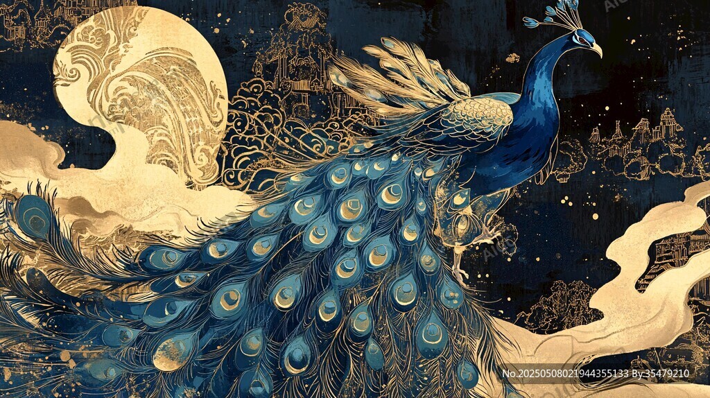 金藍孔雀伴月夢幻國風圖