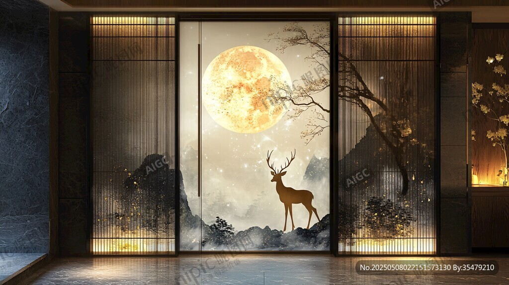 中式窗景下的月夜鹿影