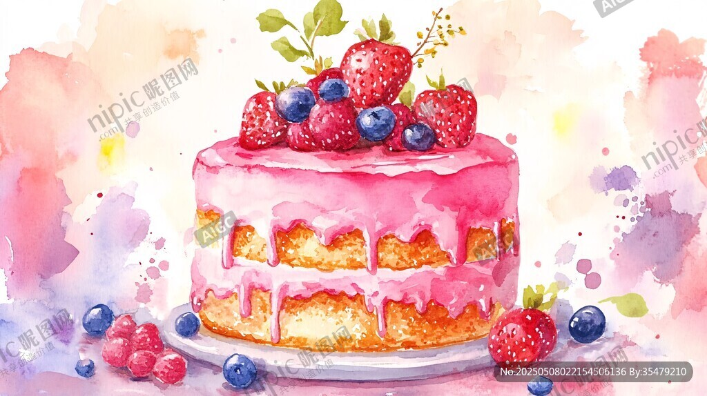 水彩風(fēng)莓果裝飾美味蛋糕