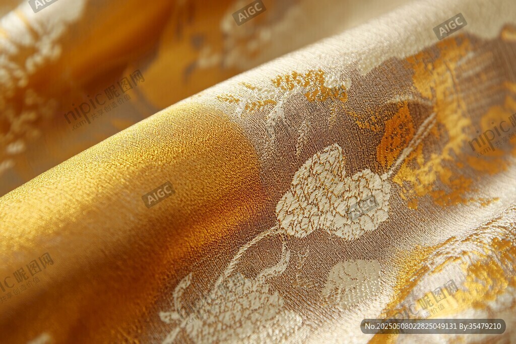 金黃花紋絲綢布料特寫(xiě)