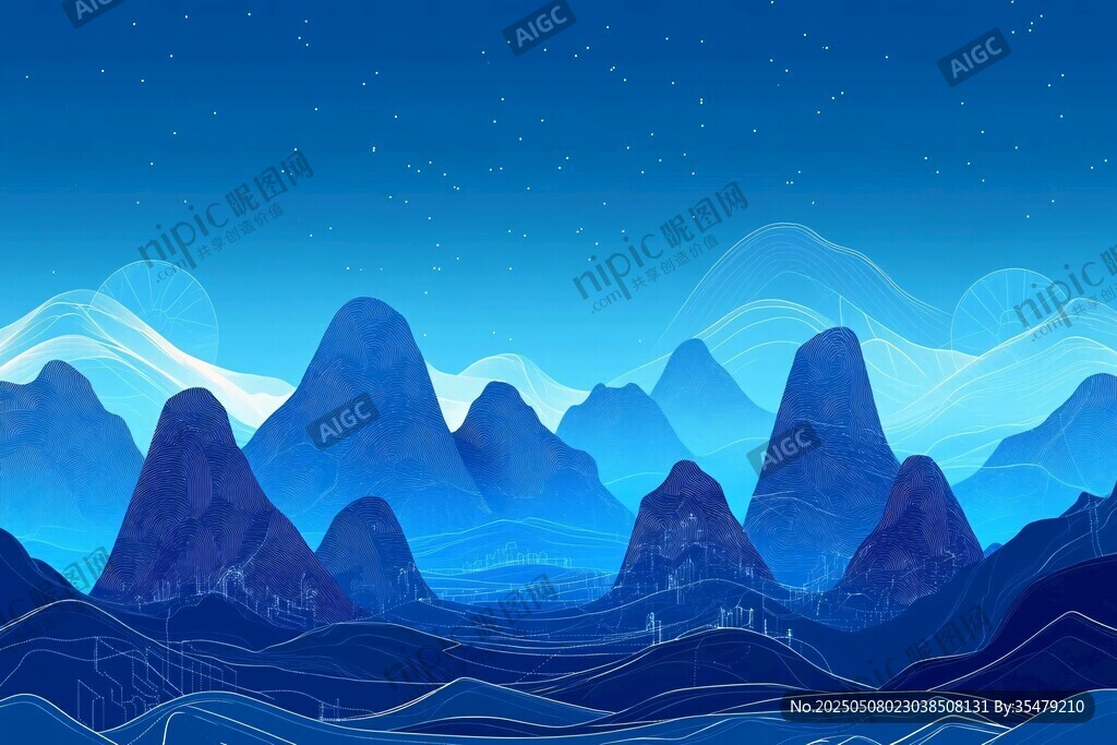 夢幻藍調山水星空夜景圖