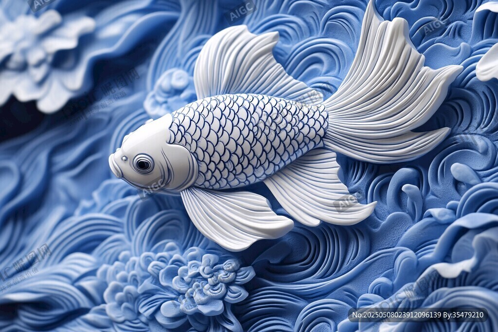 藍(lán)白金魚游弋于浪花間