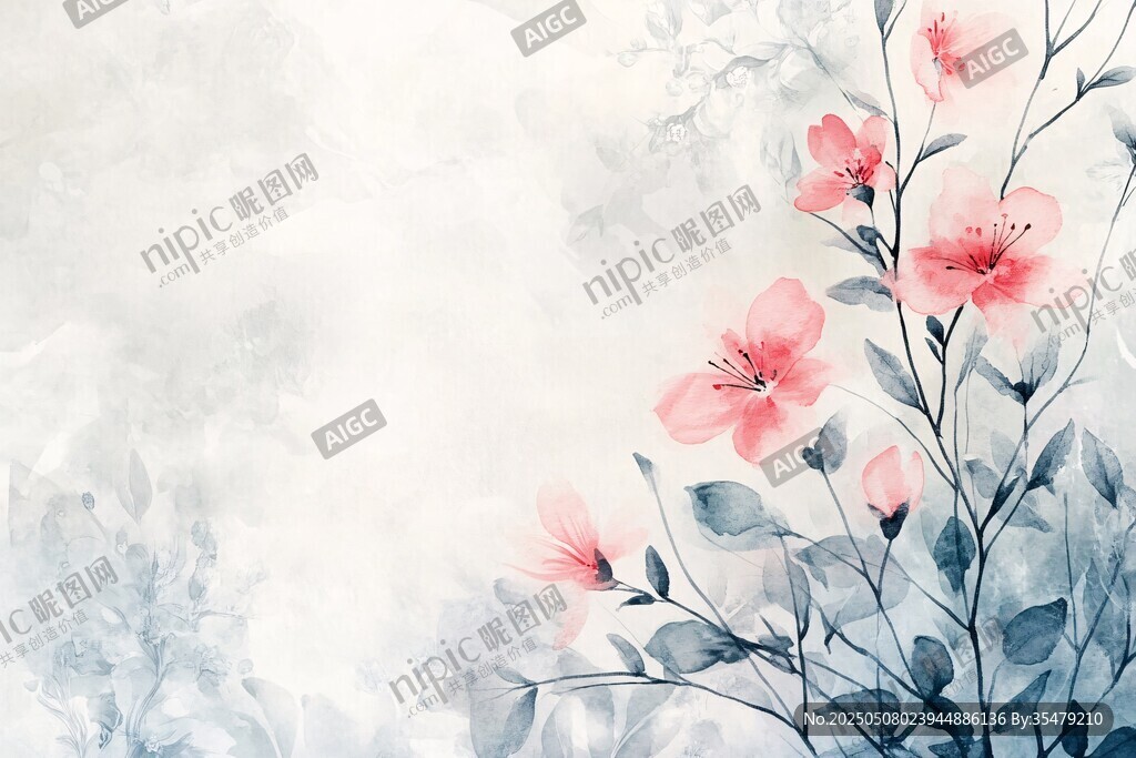 水墨風粉色花卉背景圖