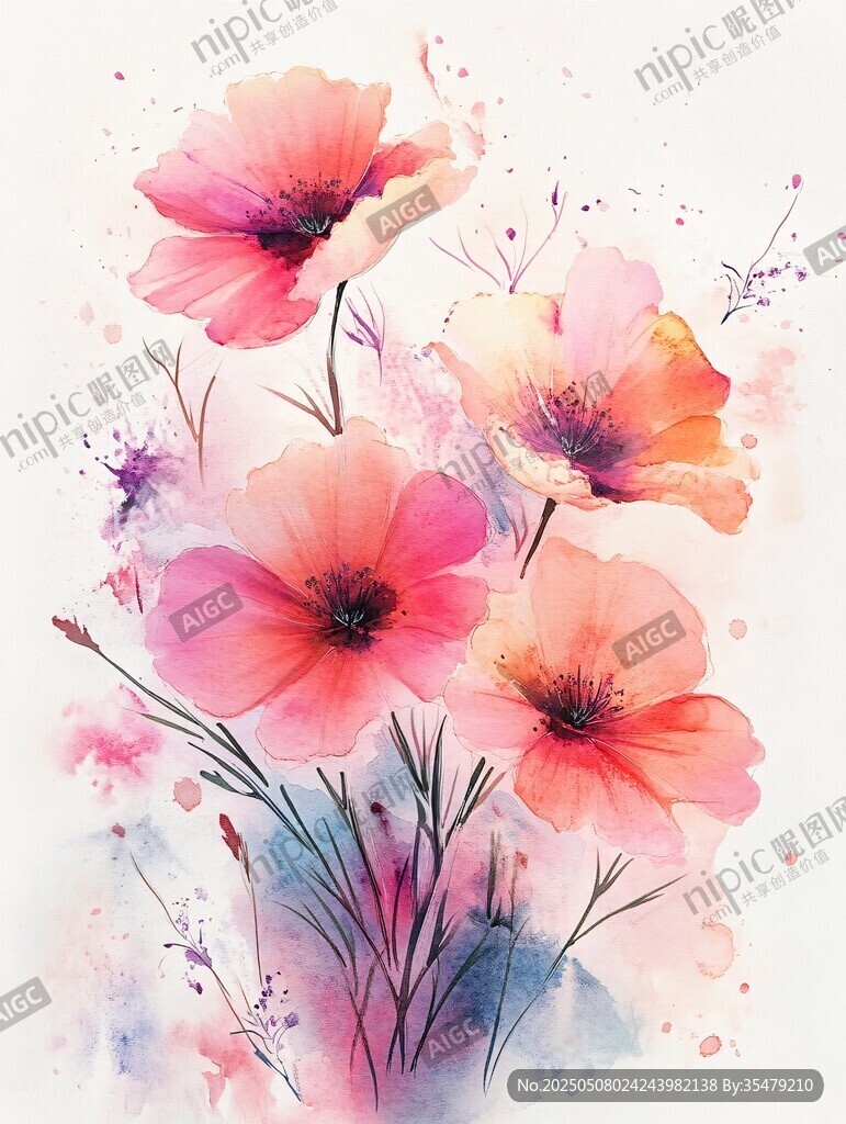 水彩繪就的絢爛粉色花朵