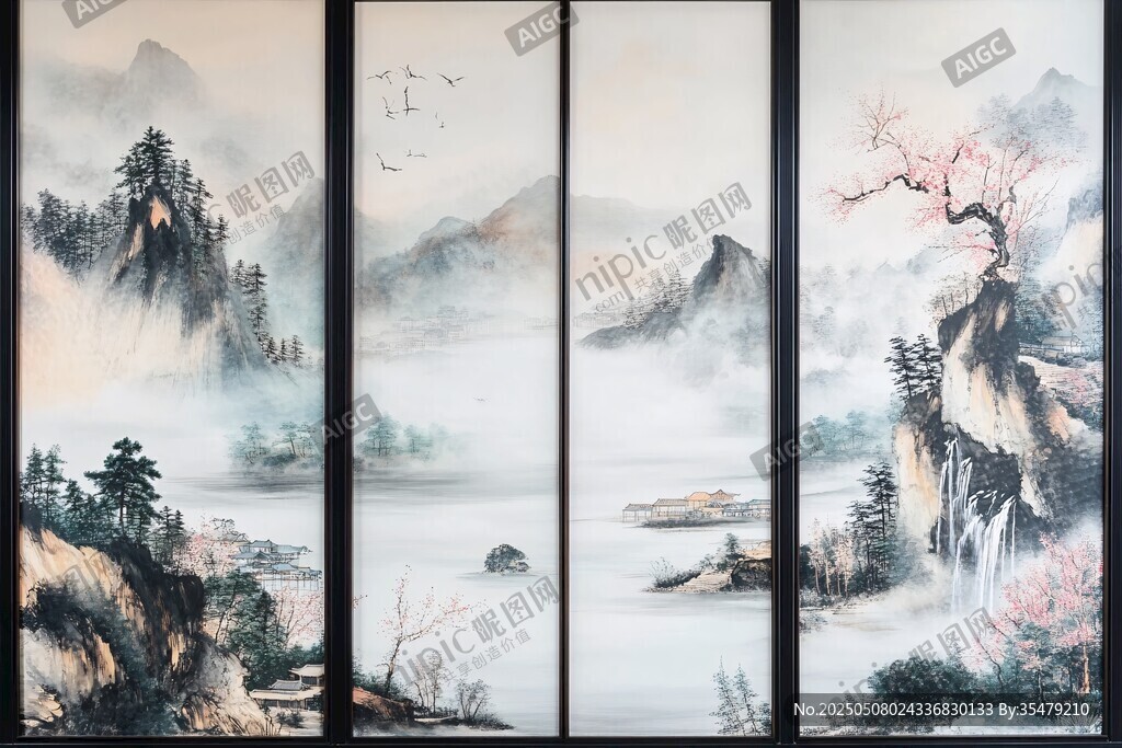 水墨山水四屏圖