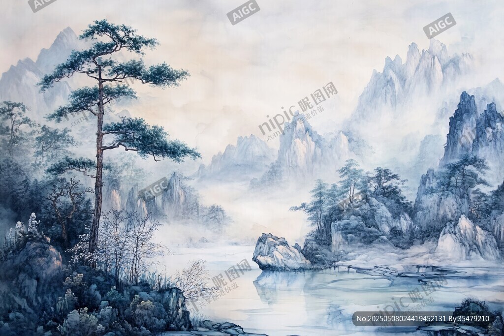 水墨山水間的孤松美景