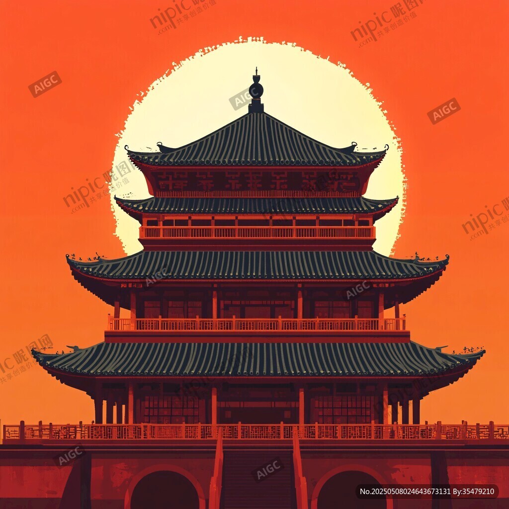 夕陽下的中式古典樓閣