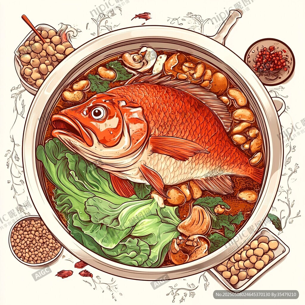 鮮香紅燒魚火鍋插畫圖