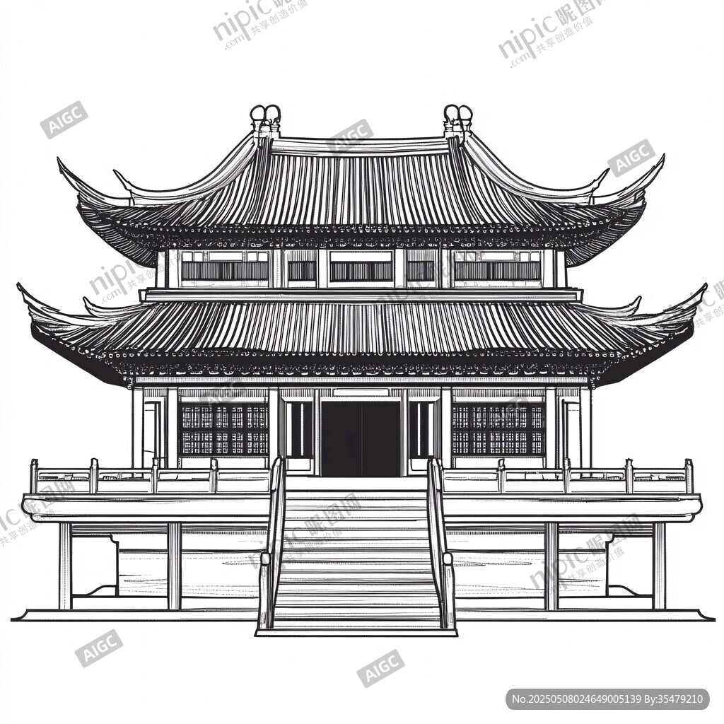 中式古建筑樓閣黑白線稿