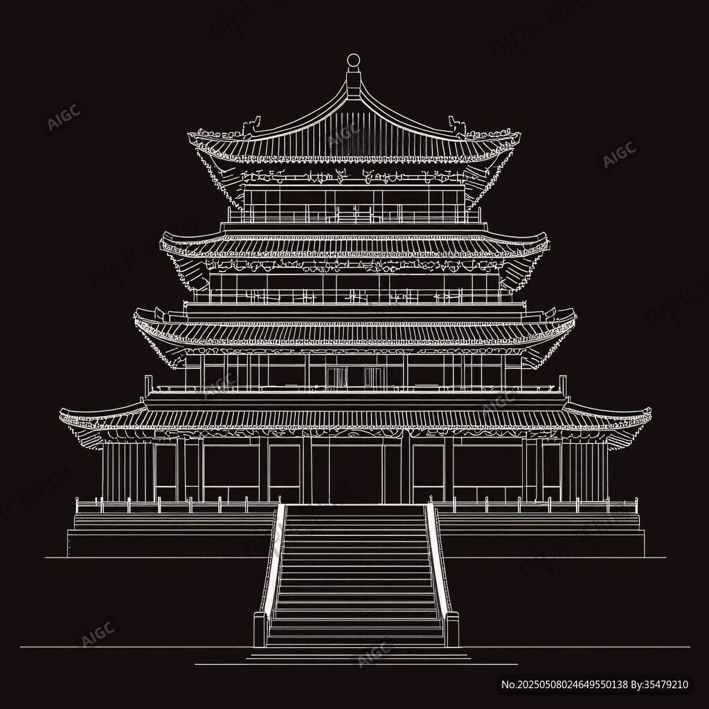 中式古建筑線稿圖