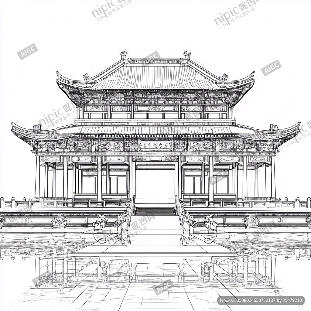 中式古建筑線稿圖