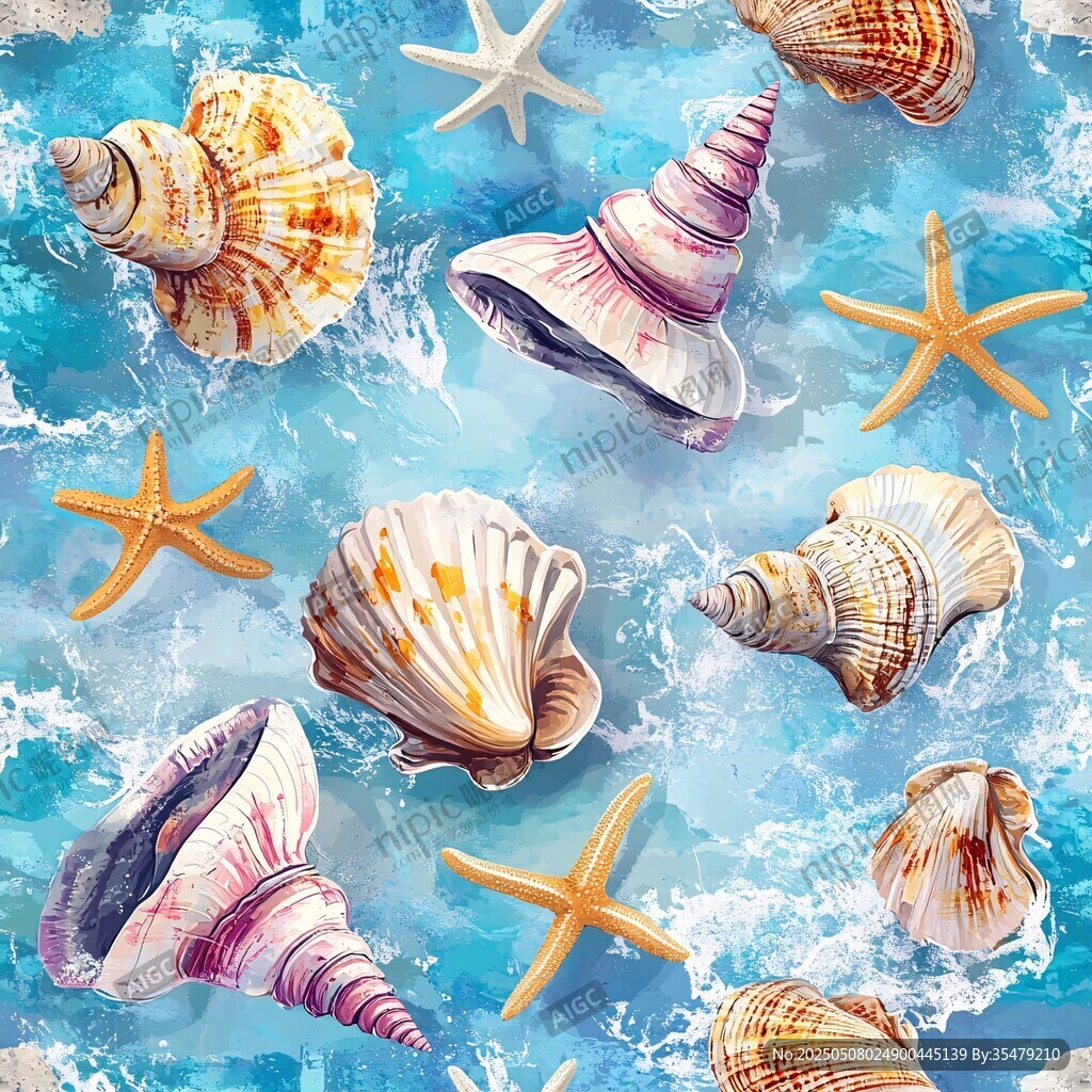 海洋貝殼與海星夢幻插畫