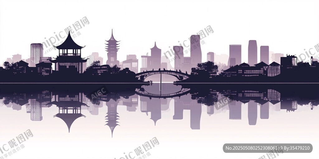 水墨風城市建筑倒影景觀