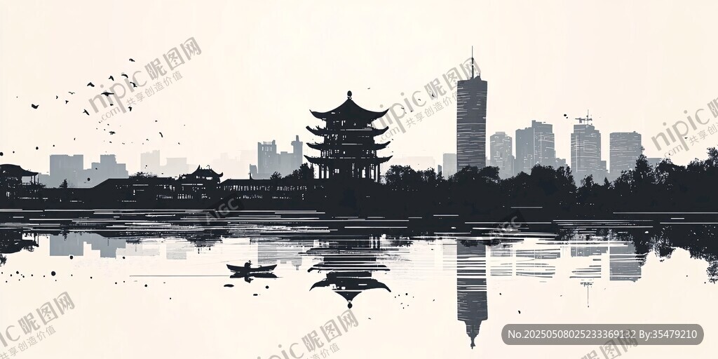 水墨風格的城市湖景剪影