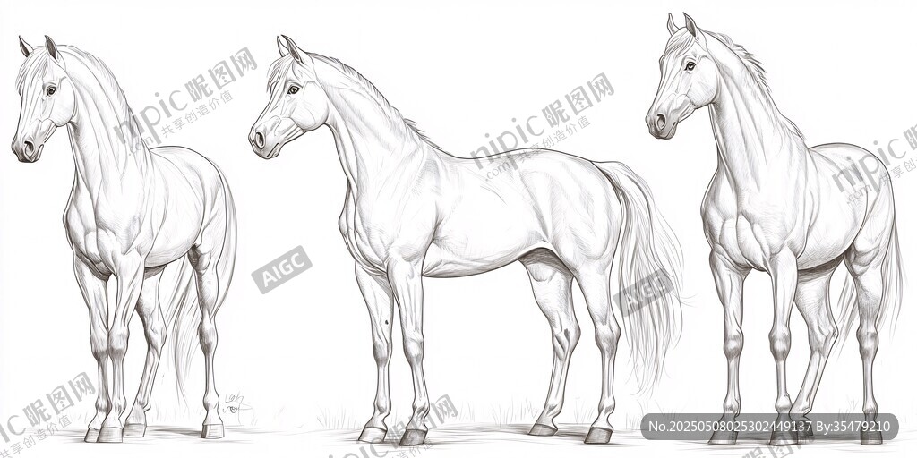 三匹駿馬的素描姿態(tài)展示