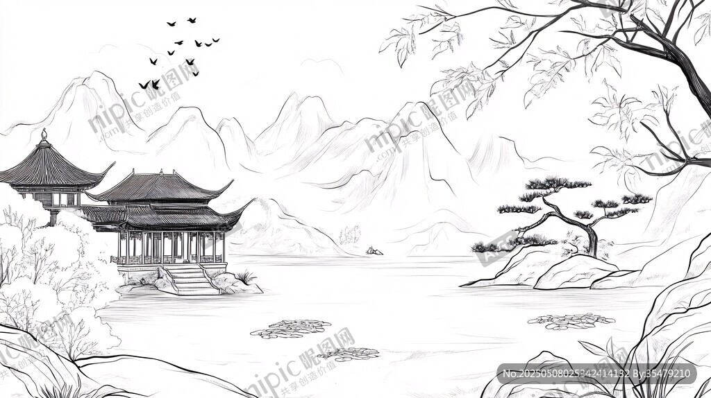 水墨山水亭閣圖