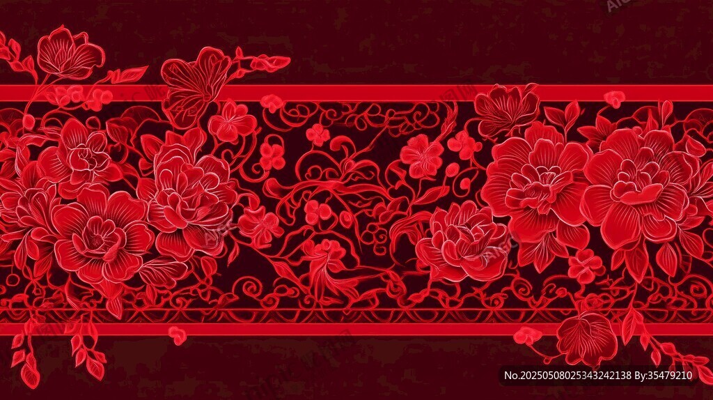 中式紅牡丹花紋飾圖案