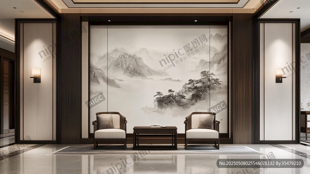 中式客廳 山水壁畫與雅致家具