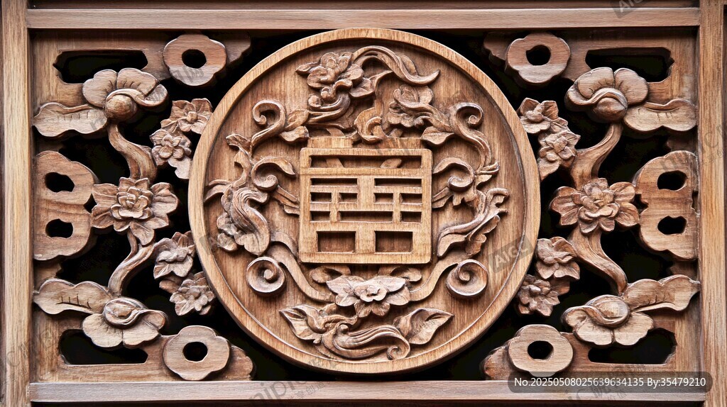 中式木雕雙喜雕花飾板