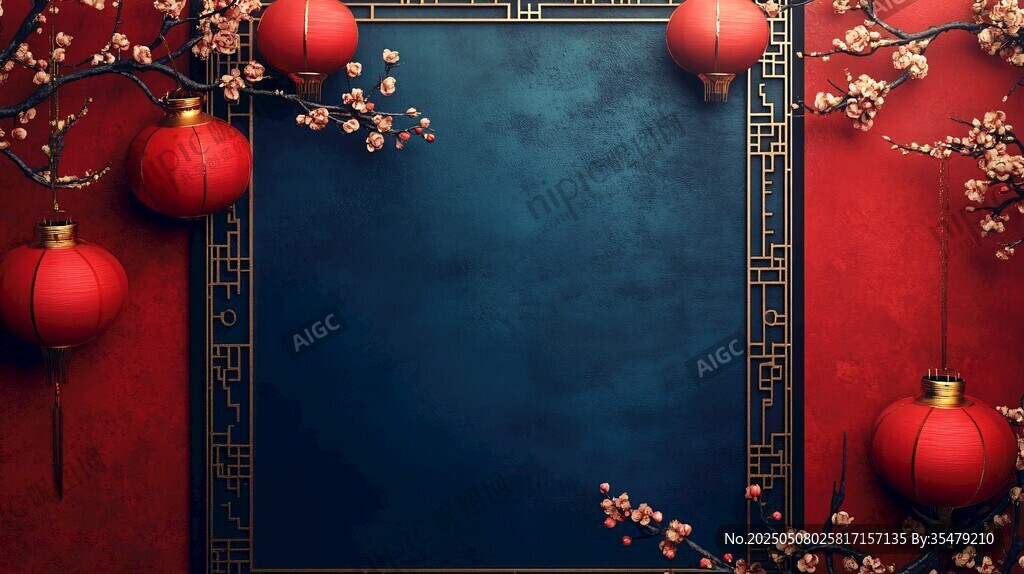 中式喜慶背景 紅燈籠與花枝