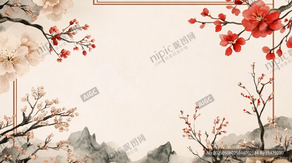 中式古風花卉山水背景圖