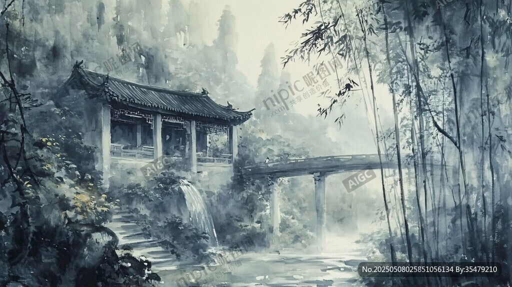水墨竹林中的古亭小橋