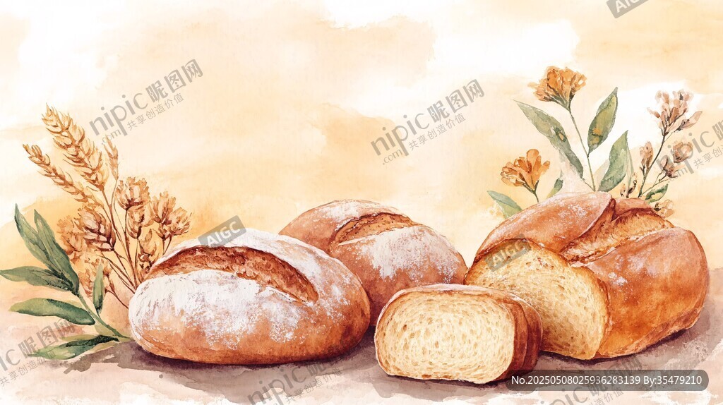 水彩風面包與麥穗插畫