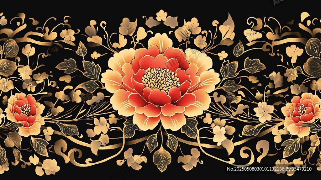 金色牡丹花卉華麗裝飾圖