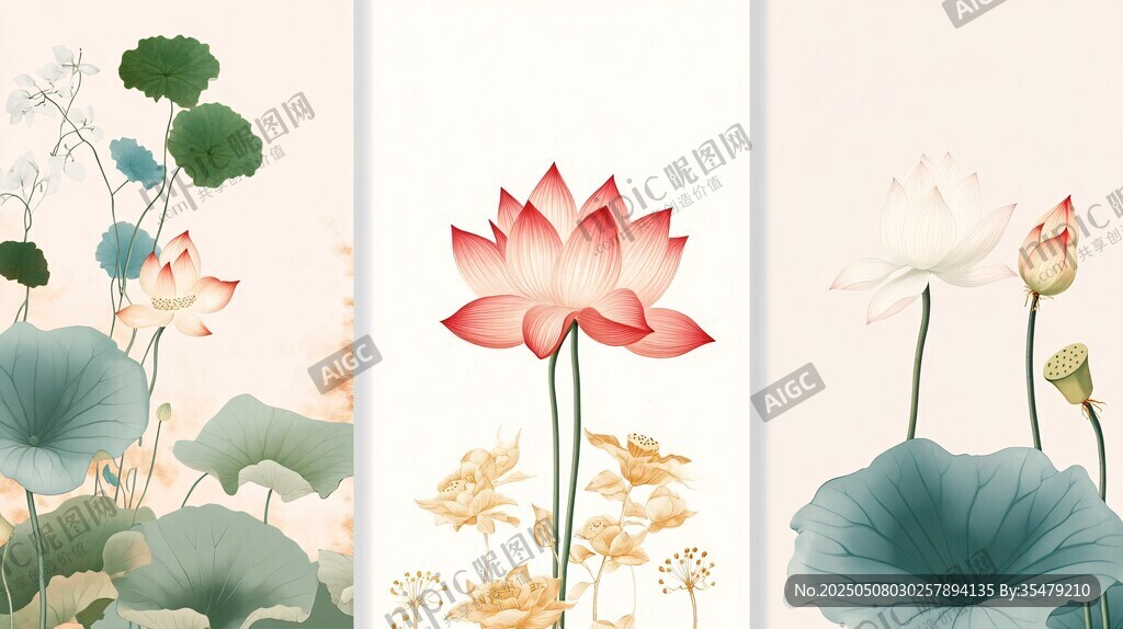 三聯(lián)荷花中式清新插畫