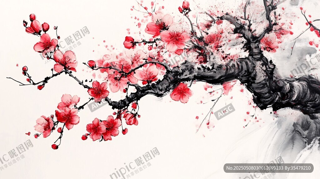 水墨紅梅圖