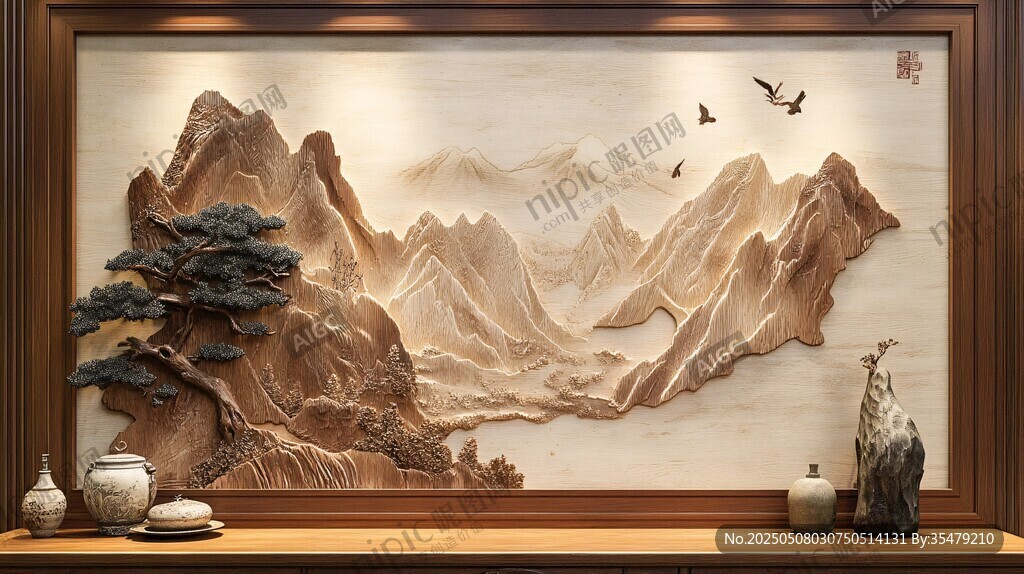 中式山水浮雕背景墻裝飾