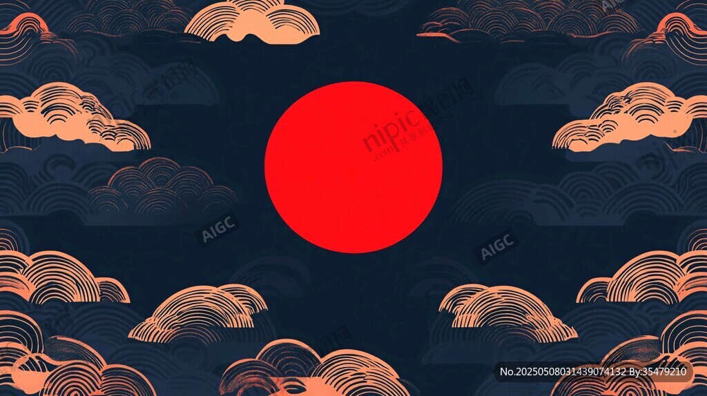 日式浮世繪風格紅日云海圖