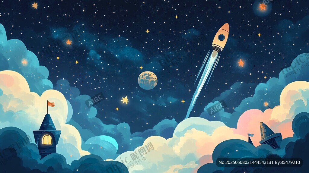 夢幻夜空下的火箭與城堡