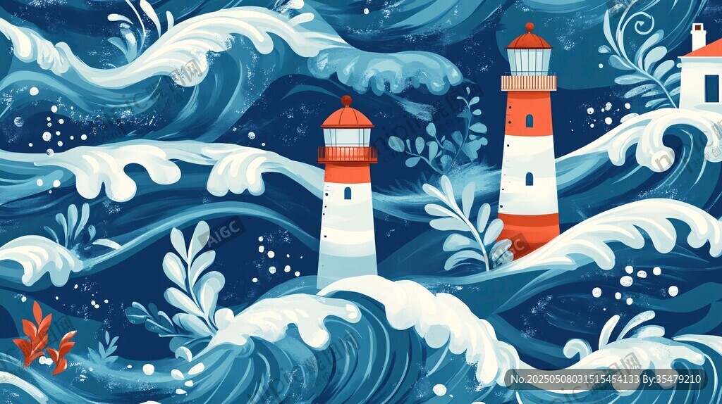 海浪中的燈塔風景圖