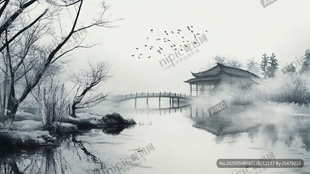 水墨湖畔古亭飛鳥景致