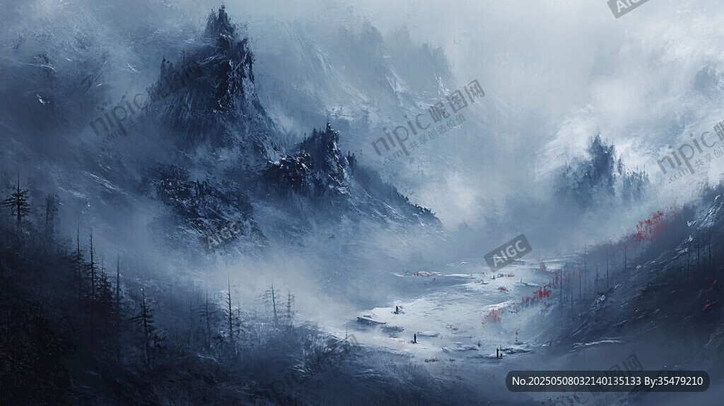 水墨霧中山川意境圖