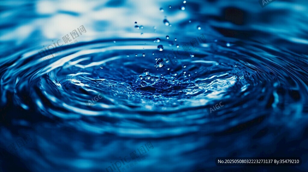 水滴入水泛起藍色漣漪
