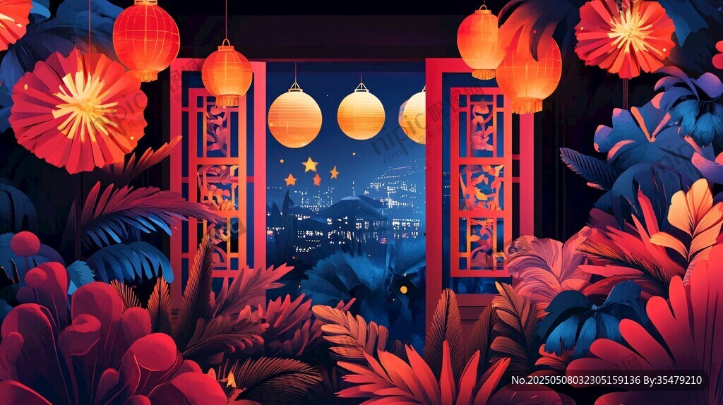 中式夜景 燈籠繁花映窗景