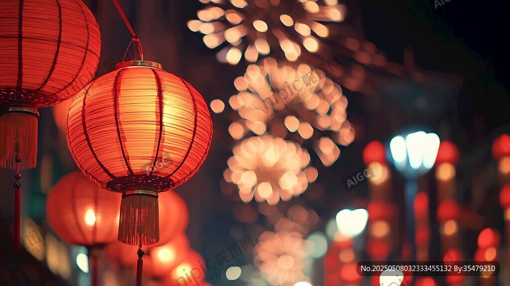 紅燈籠與絢爛煙花夜景
