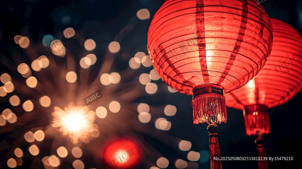 紅燈籠與絢爛煙花夜景