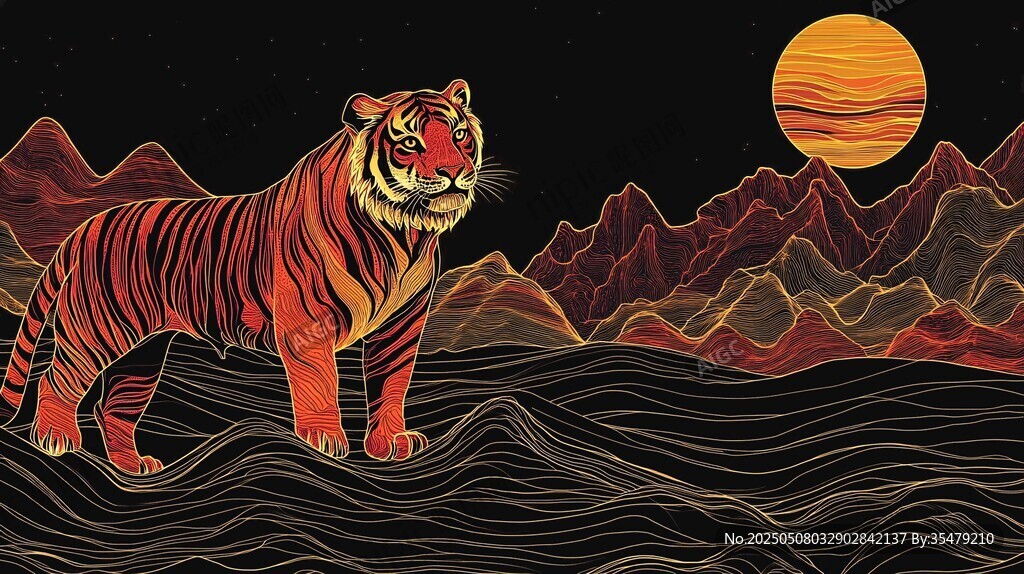 月夜下的猛虎與壯麗山巒