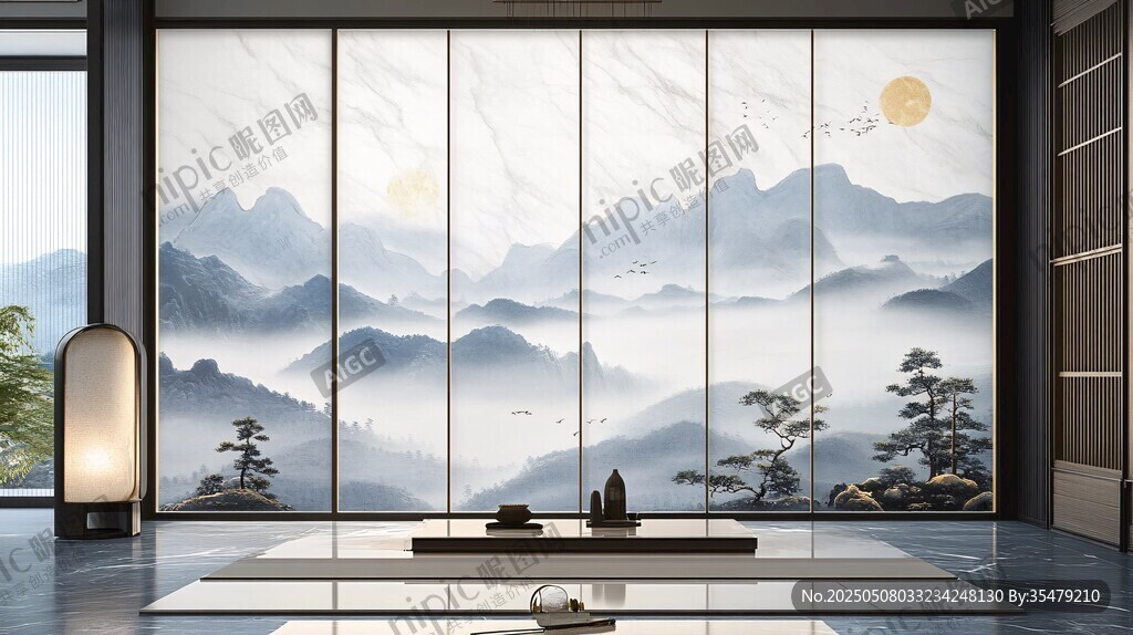 中式山水屏風雅致室內景