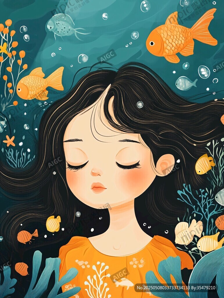 女孩在海底與金魚共舞