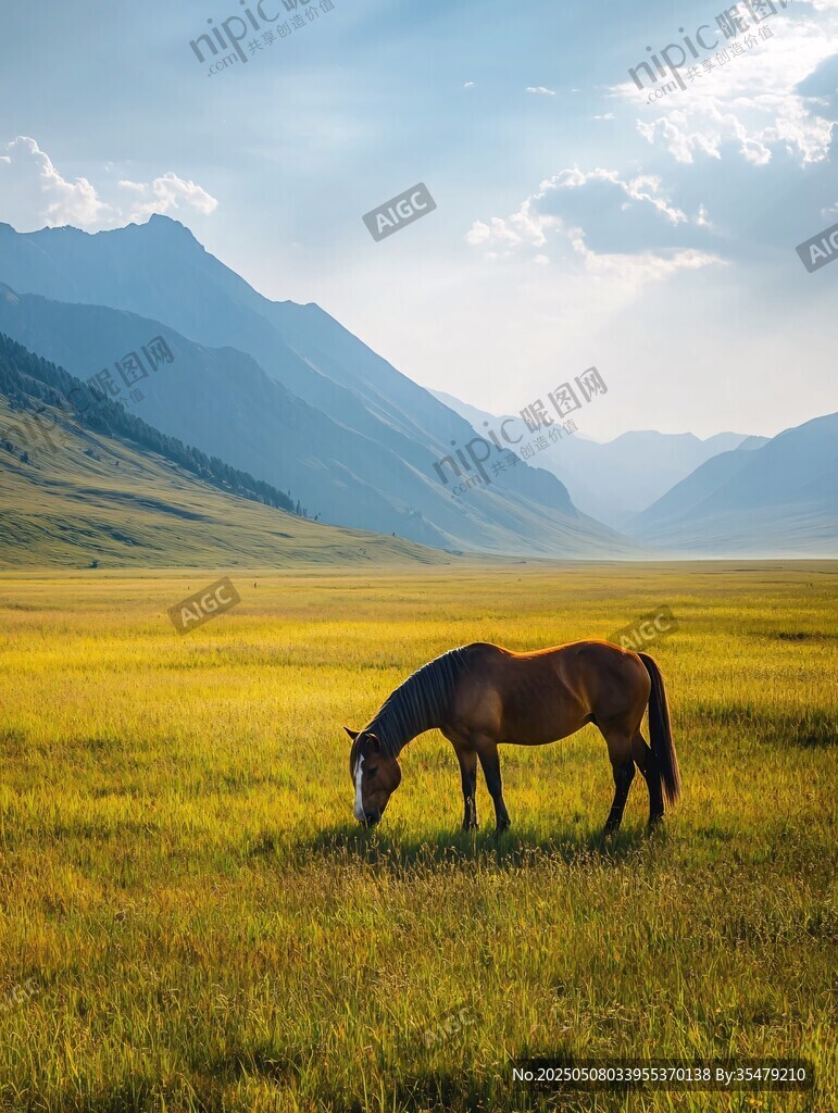 草原駿馬悠然吃草之景